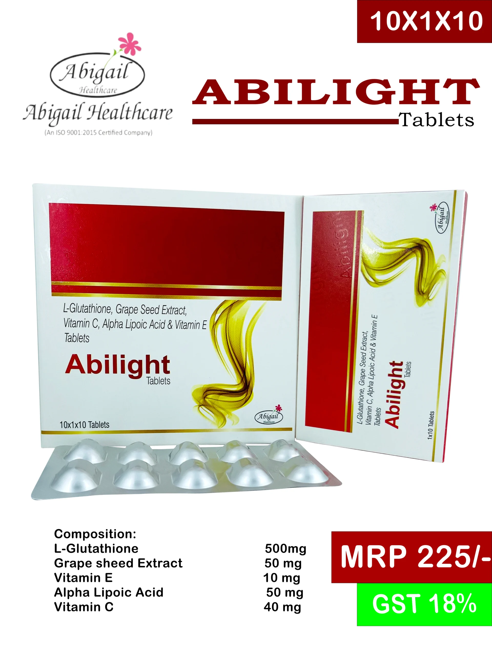 Glutathione 500mg, Vitamin C 40mg, Grape Seed Extract 50mg, ALA 50mg, and Vitamin E 10mg